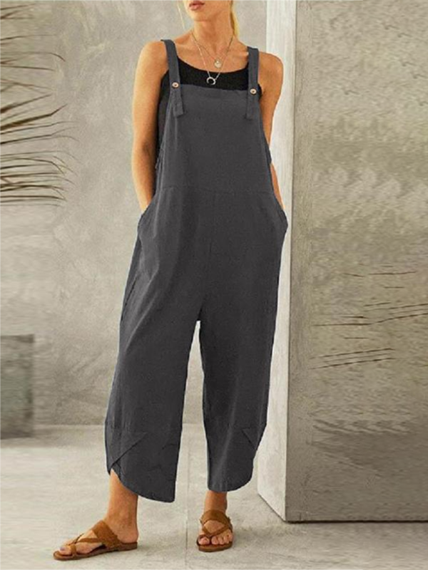 Women's Solid Color Casual Button Up Suspender Jumpsuit - Cactus Cowgirl